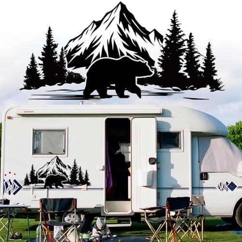 Adesivi Montagna Adesivi per Cofano,Orso Foresta Auto Grafici Montagna Adesivo Decorativo in Vinile Impermeabile Universale per SUV Veicoli Camper Fuoristrada Carrozzeria Porta Laterale Tronco,Nero