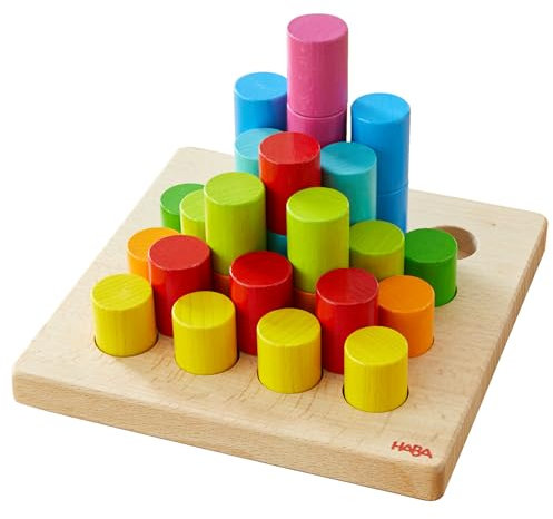HABA Steckspiel Zylinder – Motorikspiel ab 2 Jahren mit 30 bunten Holzbausteinen & 10 Vorlagekarten – Lernspielzeug für Kleinkinder – 2012246001