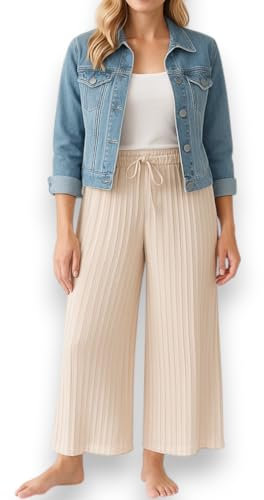 Ziona Plissee Hose Damen Gelb – Sommerhose mit weitem Bein & Gummibund – Luftige Strandhose mit Unterhose – Einheitsgröße S-XL (DE/NL/SE/PL, Alphanumerisch, Einheitsgröße, Regular, Regular, 1, Beige)