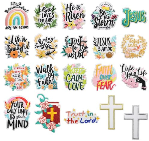 URROMA 20PCS Christian Embroidered Iron on Patches,Mixed Holy Bible Applique Sew on Patches Religious Sayings Jackets Hats Backpacks DIY Accessory