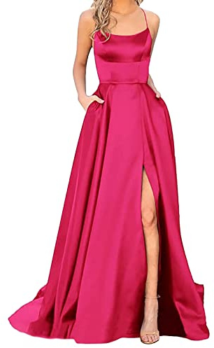 Robe De Soiree Femme Robe Ete Chic et Elegant Maxi Longue en Satin élégante Sexy Dos Nu Fendue Spaghetti Sangle Couleur Unie Swing pour Bal Mariage Cocktail Robe de Soirée Longue Mariage Party Dress