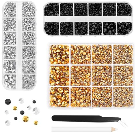 Morcheiong 17000 Stück Strasssteinen aus Kunstharz Gold, Silber Schwarz 2-6mm glitzersteine Mit Pinzette Geeignet für die Herstellung von DIY-Nagelkunst Make-up Brautkleidern Kleidungsbechern