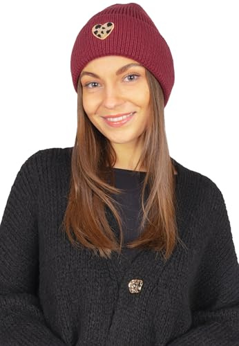 Seasons of April Damen Mütze Zoe, Espresso/Creme/Bordeaux/Khaki/Schwarz, 100% Viskose, Strick mit Herz-Detail, Herbst/Winter
