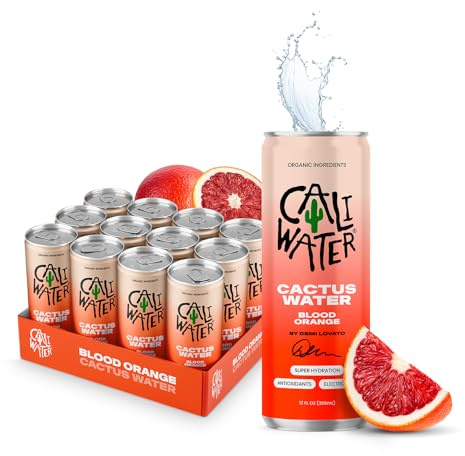 Caliwater - Eau de cactus bio - Orange sanguine - 5 g de sucre, 35 calories - Demi sucre d'eau de coco - Hydratation naturelle à base de plantes - Soins de la peau, boissons électrolytiques - Boissons