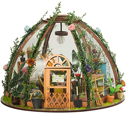 VELATEMOR Miniatur-Puppenhaus-Set, Realistisches Gartenhaus mit LED-Licht Zur Schlafzimmerdekoration, aus Holz
