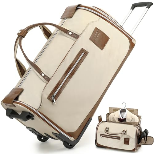 TONRUYN Kleidersack Reisetasche mit Rollen für Damen Umwandelbare Anzugtasche Handgepäck mit Griff und Schuhfach für Kleider Reise Business Hochzeiten 3-in-1-Trolley Garment Duffel Bag 55L, Beige