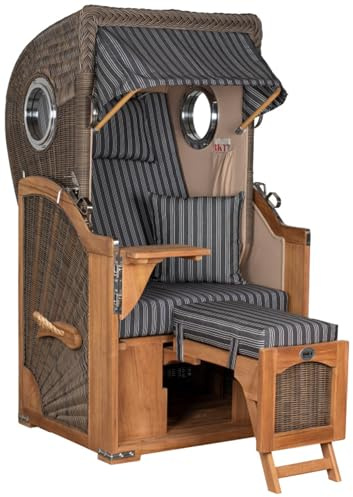 MR. DEKO Exklusiver Strandkorb-Einsitzer | Düne Single Volllieger Korb | Teak-Vollholz | PE-Rundgeflecht Grey | Maritimes Bullauge-Design | Dessin 500 (Grau-Gestreift) | Strandkörbe