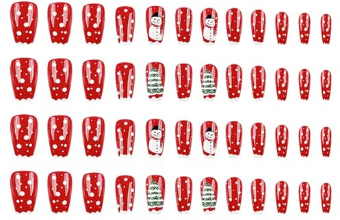24/48 pièces faux ongles en plastique décorés avec un bonhomme de neige français art artificiel pour la fête de célébration saisonnière Noël faux bonhomme de neige français flocon de neige