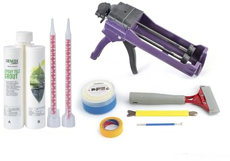 Epoxid-Fugenmörtel und Werkzeuge für Fliesen und Stein, wasserfest, flecken-, schimmel-, riss- und chemikalienbeständig, gebrauchsfertig (Warmes Grau, Ungeschliffen, Glänzend, + TK1N)