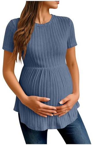 Maternity Tops Women Short Sleeve Ribbed Knit Maternity Shirts Pregnancy Tees Crewneck Tunic Clothes Casual Summer Tops Loose Fit Pregnancy Clothes Comfy Tunic Top Lightweight Solid Knit Sweater