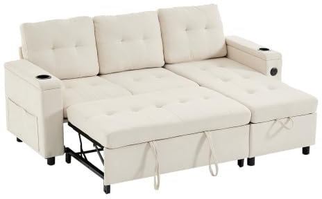 Generisch 208 x 146 x 89.5 cm Three-Seater Bed, Folding Sofa with Hidden Storage Space, ambient Sofa with LED Light Strip, Corner Treviso, L-Shaped, beige