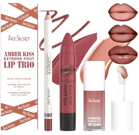 3-teiliges Set aus Lipliner und Lippenstift, hochpigmentiertes Lippen-Set in Nude-Braun mit wasserfestem Lipliner, samtig-geschmeidigem Lippenstift und glänzendem, feuchtigkeitsspendendem Lipgloss