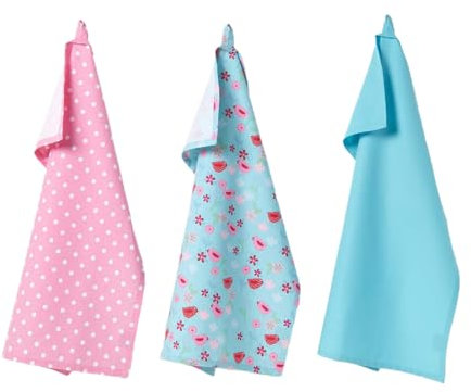 Homescapes 3-TLG. Geschirrtücher-Set ‚Vögel & Blumen‘ blau-rosa, 3 Bunte Geschirrhandtücher aus 100% Baumwolle, saugfähige Küchentücher