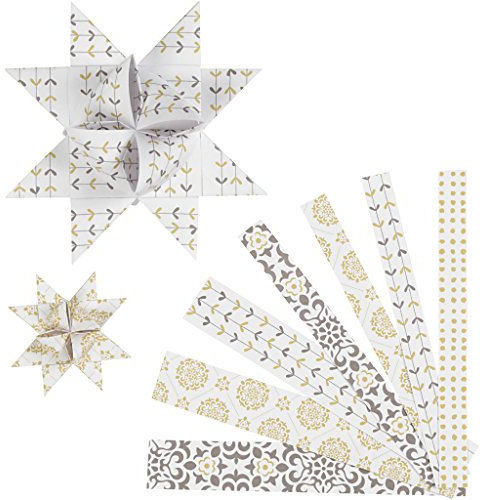 Papier-Sternstreifen, B: 15+25 mm, D: 6,5+11,5 cm, weiß-gold, metallische Folie, 48 Stück