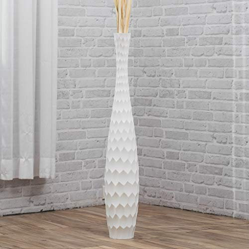 Leewadee Große Deko Bodenvase Für Dekozweige, Hohe Standvase Für Pampasgras, Design Holzvase, 90 cm, Weiß