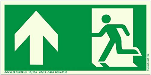 Hochwertiges Notausgangsschild stark langnachleuchtend + Kunststoffplatte nachleuchtend SUPER-N - Pfeil OBEN - Notausgang Schild grün – DIN 67510 / ISO 7010 (300 x 150 mm)