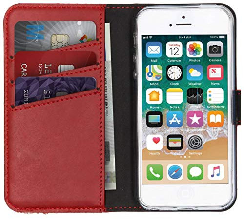 SELENCIA Bookcase Hülle kompatibel mit iPhone SE (2016), iPhone 5 / 5s – Era Leder Handytasche Side Flip Case – Handyhülle aus Rindsleder in Rot [3 Kartenfächer, Magnetverschluss]