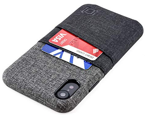 Dockem Wallet Case for iPhone XR: Built-in Metal Plate for Magnetic Mounting & 2 Card Holders (6.1 Luxe M2 Synthetic Leather, Black & Grey)
