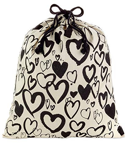 Hallmark Bolsa grande de lona de 48,26 cm con cordón (marfil con corazones negros) para el día de San Valentín, bodas, despedidas de soltera, aniversarios y mucho más