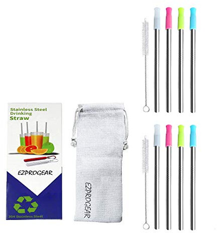 Ezprogear Lot de 8 pailles courtes réutilisables en acier inoxydable de 8 mm avec embouts en silicone et sac en toile (8 courtes)