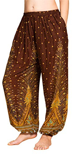 PANASIAM Haremshose Peacock Damen & Herren - leichte Sommerhose - Boho Stil | Loungehose mit elastischem Bund und Beinabschluss, Peacock Design, Unisex Chillhose für Festival, Urlaub & Alltag, Goa Hose