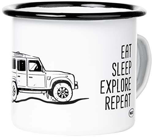 MUGSY Emaille Tasse, Geländewagen Zeichnung & Spruch, 300ml, Camping Tasse, bruchfest & leicht