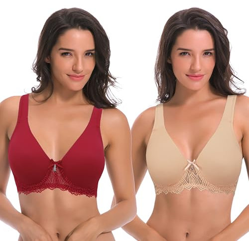 Curve Muse aux Femmes Non doublé Armature Dentelle Soutien-Gorge avec Rembourré Épaule Les Bretelles - Paquet de 2-Rouge Foncé,Chair-120E