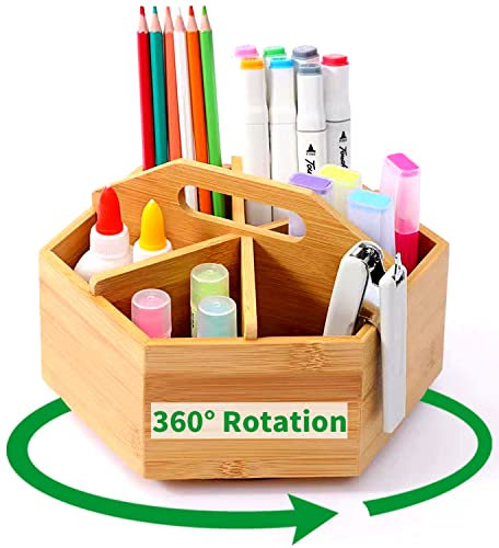 360° Drehbarer Schreibtisch Organizer aus Bambus, Stiftehalter Holz mit Griff, Tisch Organizer, 6 übergroße Fächer als Büro Organizer, Make up Organizer, Stiftehalter Kinder (Fasst 400+ Bleistifte)
