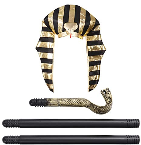 Freebily Ägyptisches Pharao Kostüm für Herren Pharao Kopfschmuck Ägypter Kostüm Zubehör Spazierstock Halloween Fasching Verkleidung Gold One Size