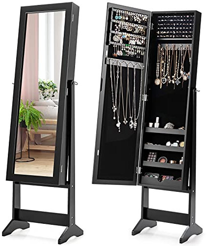 DREAMADE Armoire à Bijoux en MDF avec Grand Miroir en Verre, 3 Angles d’Inclinaison Réglables, Rangement pour Anneaux, Boucle d'oreille, Bracelet, Colliers (Noir)