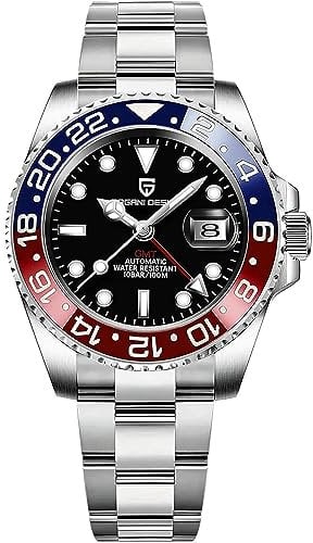 Pagani Design Luxus Herren mechanische Armbanduhr Edelstahl GMT Uhr Geschenk Top-Marke Saphirglas Herrenuhren Reloj Hombre, Blau / Rot