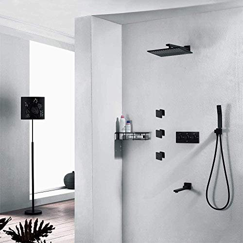 SENNIAN Brausegarnitur Badezimmer Verdeckt Vollkupfer Wandmontage Schwarz 4-Funktions-Dusche Square Top Spray Handbrausesystem Drehknopf Heiß- und Kaltwasserhahn Duschsystem