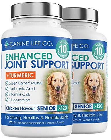 Senior Dog Joint Supplement High Strength With Turmeric Glucosamine & Green Lipped Mussel | For Older Stiffer Dogs Age 8+ | 120 Chewable Tablets | Made In The UK (2 Pots(240 Tablets))