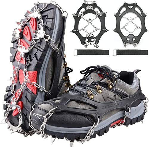 PISCORUSH 24 Zähne Steigeisen Ice Klampen Traktion Edelstahl Spikes Steigeisen Stiefel Ketten Frauen Männer Kinder für Wanderschuhe für Schuhe Winter Walking Wandern Bergsteigen