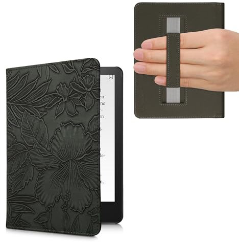 kwmobile Klapphülle kompatibel mit Amazon Kindle Paperwhite 11. Generation 2021 Hülle - Flipcase für Kindle Paperwhite Hülle mit Handschlaufe - Blumen im grünen Relief