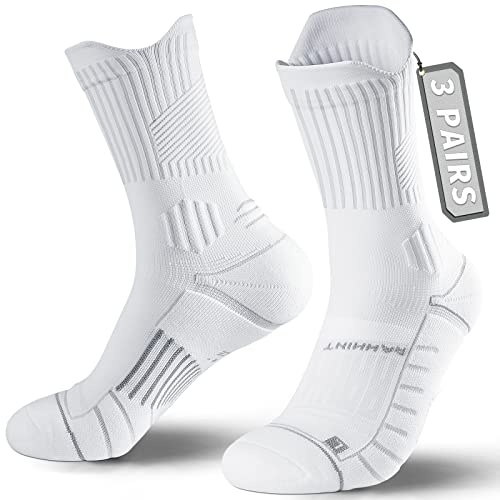 Rahhint Compression Running Socks 3 Pairs, Cushion Crew Socks, Anti-Blister Moisture Wicking Athletic Hiking Basketball Socks