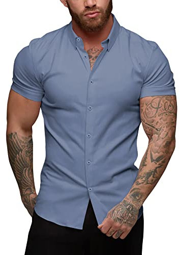 URRU Men's Muscle Dress Shirts Slim Fit Stretch Short Sleeve Casual Button Down Shirts for Men Denim Blue L
