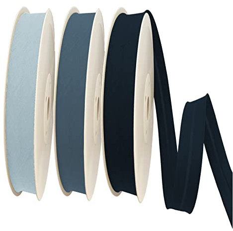 TEXTEX = 20 mm Breites Schrägband. 50% Baumwolle und 50% Polyester. Packung mit 3 Stück à 10 m - (Hellblau/Mittelblau/Navy Blau)
