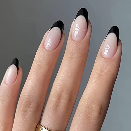 AKOFIC 24Pcs Short False Nails Oval, French Almond Acrylic Press on Nails Designs, Full Cover Stick on Nails, Fake Nails with Jelly Glue for Women Girls Nail Art (Black Pink)