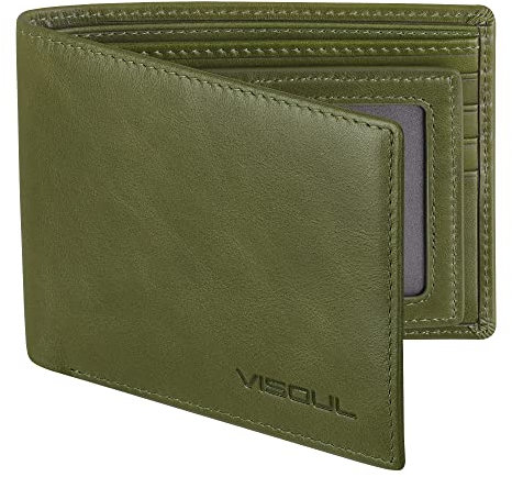 VISOUL Portafoglio Uomo Vera Pelle Portamonete Slim con Protezione RFID, Portafoglio Bifold da Uomo con 8 Porta Carte di Credito, 2 Scomparti Banconote e 2 Finestre ID (Verde)