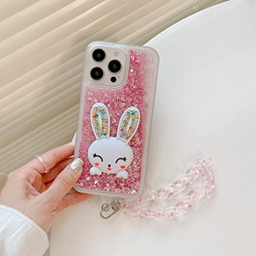 CrazyLemon für iPhone 5 5S / iPhone SE 2016 Glitzer Flüssig Hülle Handyhüllen Rosa Flüssigkeit Sternen Süß 3D Hasen Ohren Karikatur Hase Stand Transparent Silikon Bumper Schutzhülle mit Kette