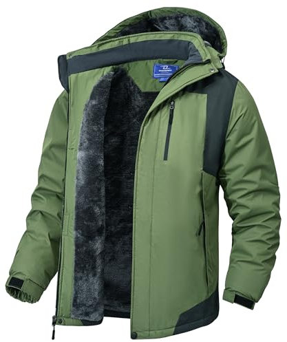 Zzkouine Winterjacke Herren Wasserdicht Warm Gefüttert Skijacke Verdickt Funktionsjacke mit Abnehmbarer Kapuze für Wandern Camping-Grass Green-2XL