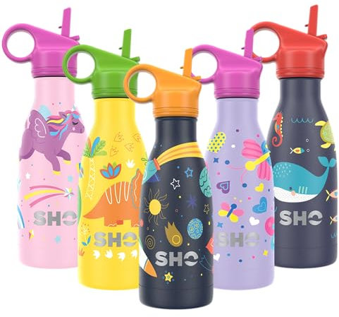 SHO Kids Bottle - Original 2.0 - Ultimate Insulated, Double Walled Stainless Steel Vacuum Flask & Water Bottle - 12 Hours Hot & 24 Hours Cold - 260ml - BPA Free (260ml, Space with Straw Lid)