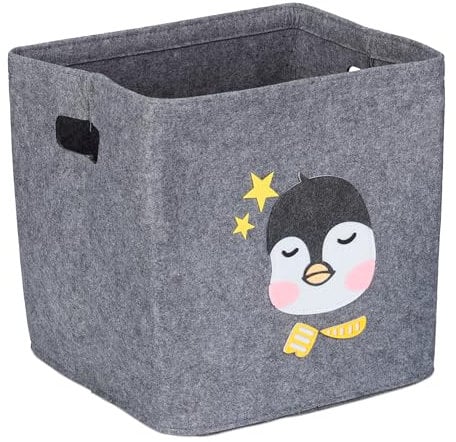 Relaxdays Aufbewahrungsbox Pinguin, Stoffbox für Kinder, aus Filz, faltbar, Spielzeugbox, HxBxT: 33 x 33 x 33 cm, grau