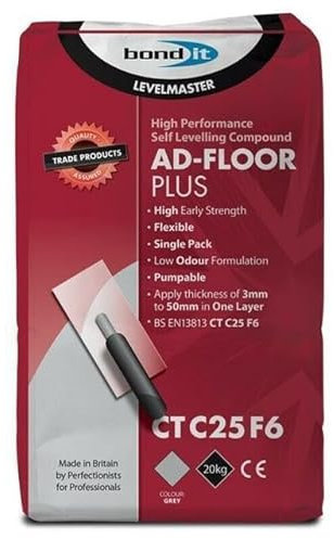 Bond It LEVELMASTER AD-FLOOR PLUS Self Level Leveling Compound 3-50mm Floor Screed Concrete Bar Grey 20KG