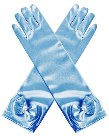 COACOM 1 Stück blaue Schmetterlingshandschuhe für Damen, Aschenputtel-Prinzessinnenhandschuhe mit Schleifenverzierung, Satinhandschuhe, Kleiderhandschuhe.