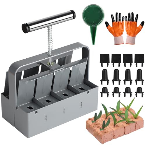 efuturetime Manuelle Erdballenpresse Anzucht 8 Soil Block 4,5 × 5cm | Handgehaltener Bodenblocker mit Sämaschine, Handschuhen, Auswechselbarer Plastikstopfen, für Pflanzung, Transplantation, Grau