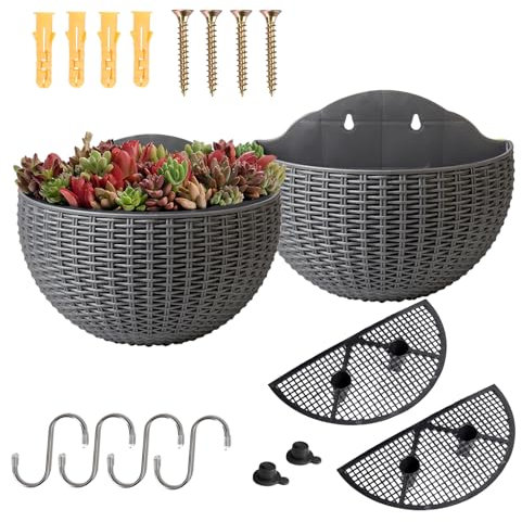 YuanDiann Wandmontage Blumentopf Halbrunder Rattanimitat Hängender Blumenkorb Balkon Innen Außen Garten Deko Pflanzgefäß Blumenampel Selbstbewässerung mit Wasserspeicher Silber Grau 2 Pack L
