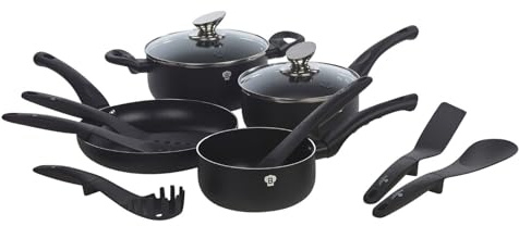 Blaumann 12Pc Set Cookware Frying Pots Saucepan Casserole Soft Touch & Tool Set (Black Matt)