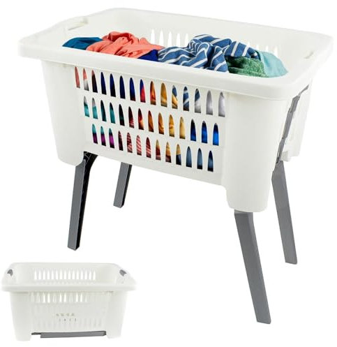 GEEZY Folding Laundry Basket with Foldable Legs - Lightweight Ventilated Laundry Bin, Large Capacity Plastic Washing Basket, Space-Saving Clothes Basket Storage, Keep Bathroom Tidy & Room Organised